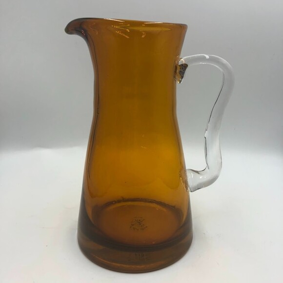 Vintage Amber Handblown Glass FTD Carafe Pitcher Clear Handle Serveware - Picture 4 of 15